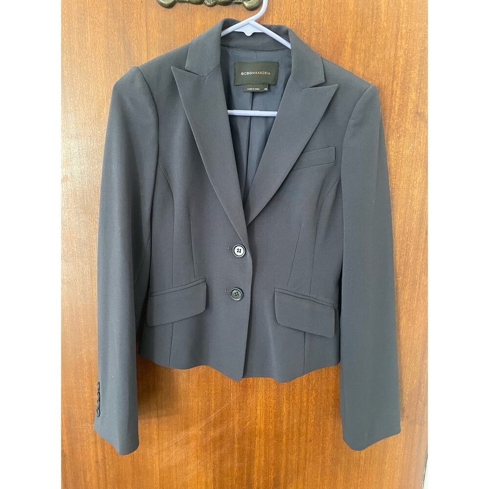 BCBGMAXAZRIA Women's XS Navy Blue Blazer Nessa Lined Two Button Tie Bow Back